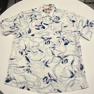 Tori Richard Short Sleeve Tropical Orchid Hawaiian Shirt White/Blue SIZE SMALL